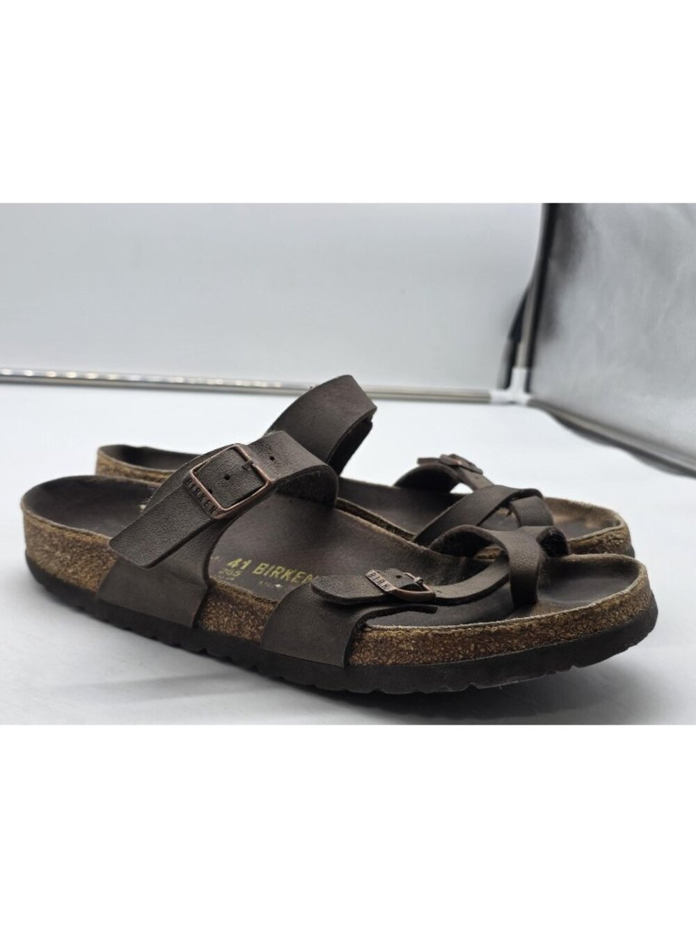 Birkenstock Mayari Sandals Womens Size 10 41 Brown Strappy Cork Damage Shoes